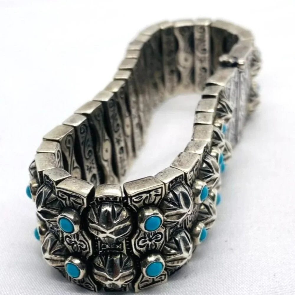 SOLD!! Konstantino Sterling Silver Turquoise Panel Links Bracelet 6.75" - Picture 2 of 16